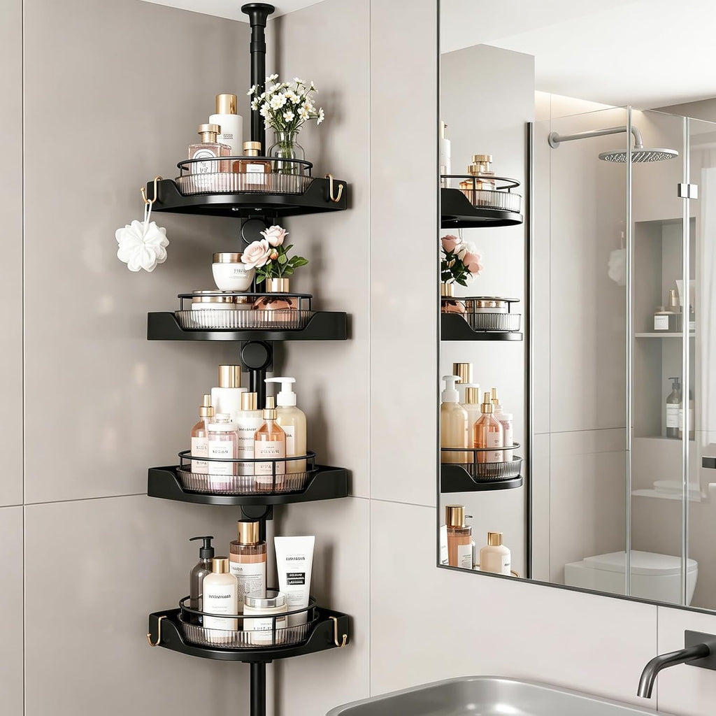 360° Rotating Tension Pole Caddy – 4-Tier Corner Shower Organizer, Height Adjustable 33"–124", Space-Saving for Bathroom, Kitchen Counter, Cabinet Gaps & Bathtub (black)