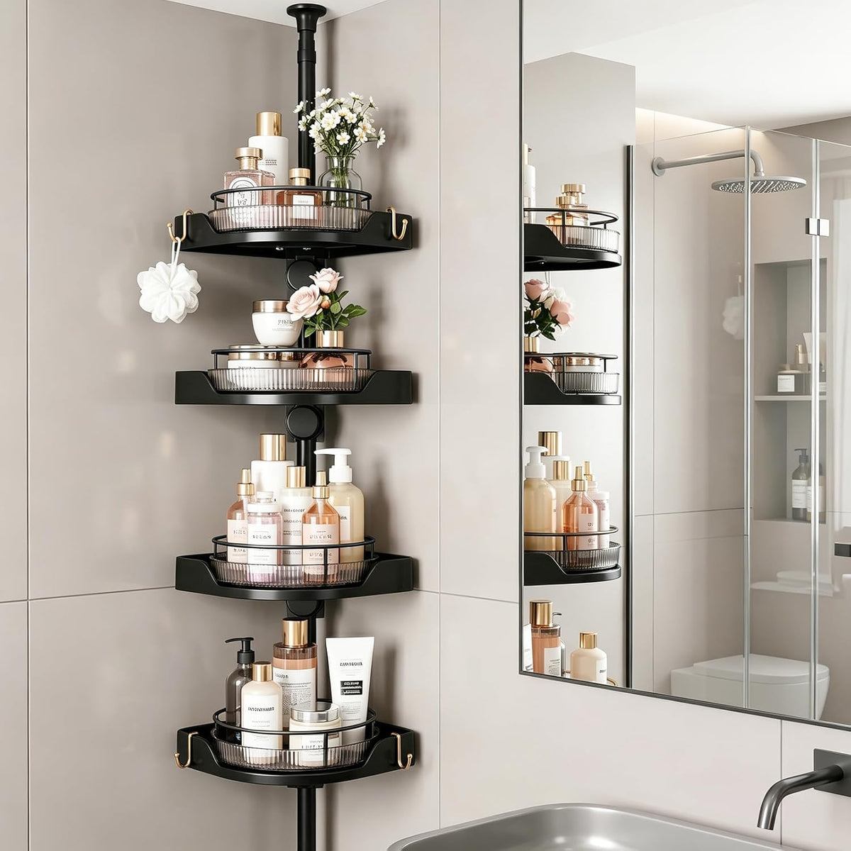 360° Rotating Tension Pole Caddy – 4-Tier Corner Shower Organizer, Height Adjustable 33"–124", Space-Saving for Bathroom, Kitchen Counter, Cabinet Gaps & Bathtub (black)