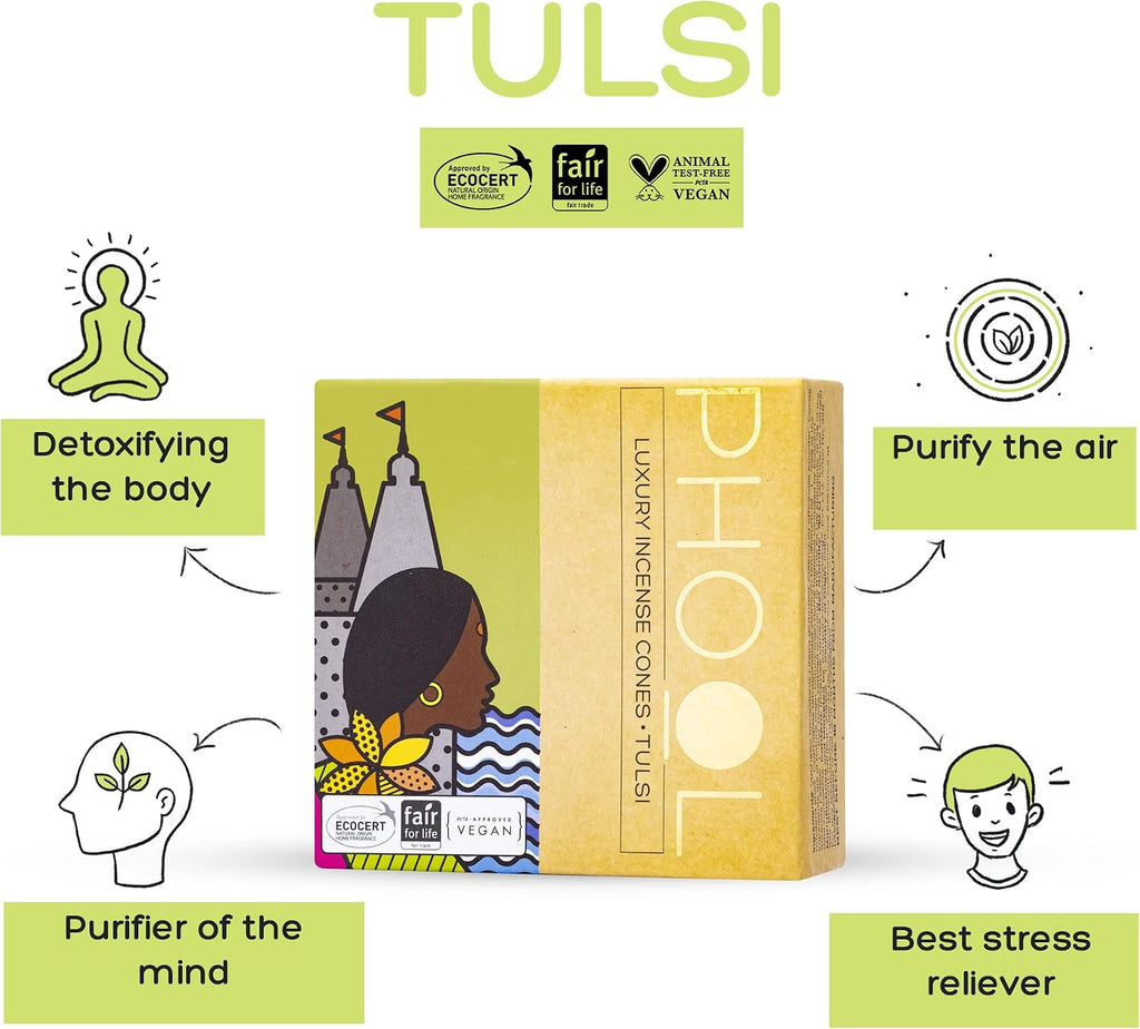 Pack of 2 Natural Incense Cones,Phool Devotion Pack(80 Organic Cones |2 Fragrances:Tulsi & Jasmine)+1 Free Ceramic Holder | Handrolled | Sulpher and Charcoal Free |100% Organic & Natural(500 GMS)