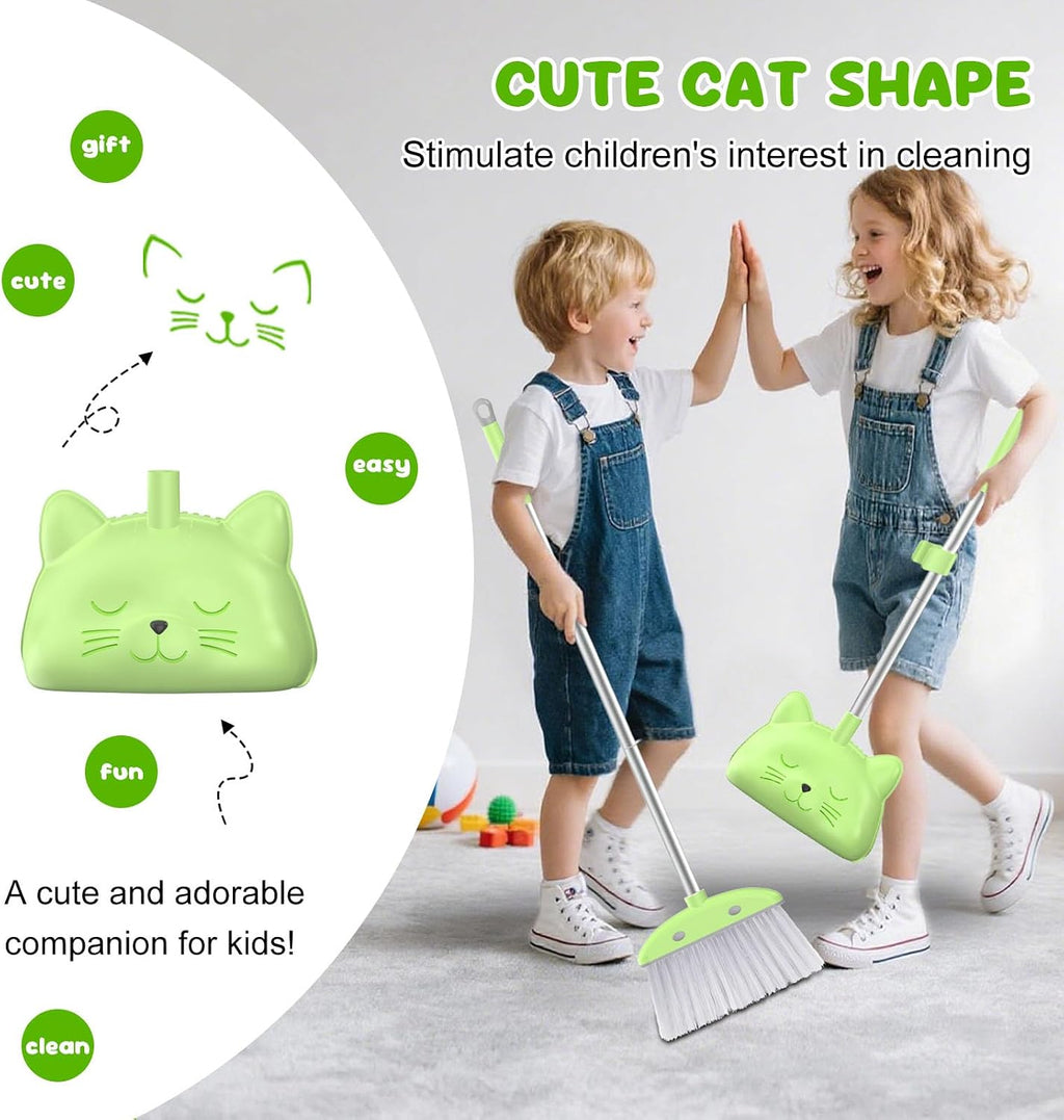 Mini Broom with Dustpan for Kids, 28-in Handle Kids Broom and Dustpan Set for Toddlers Cat-Shaped Children Cleaning Set Boys Girls Small Housekeeping Helper Set, Green