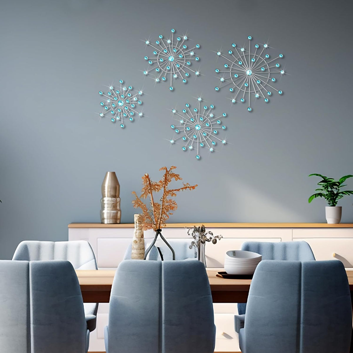 Blulu 4 Pcs Blue Wall Decor, Bling Crystal Starburst Metal Wall Art