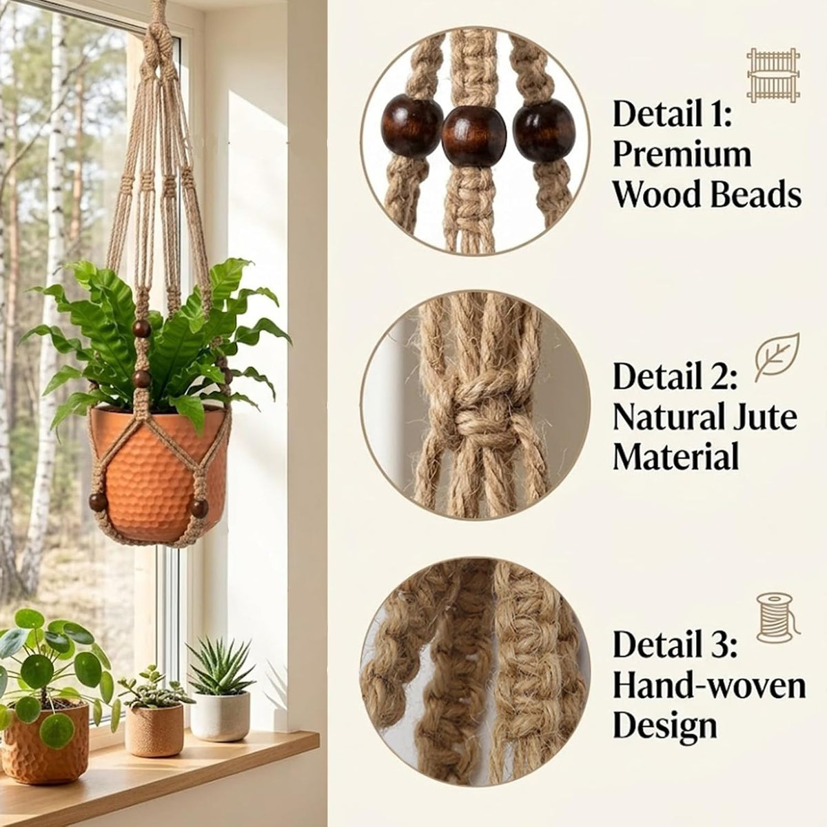 3 Pack Macrame Plant Hanger, Bohemian Hanging Planter with Elegant Wooden Beads for Indoor Outdoor (Pot and Plant are Not Included)