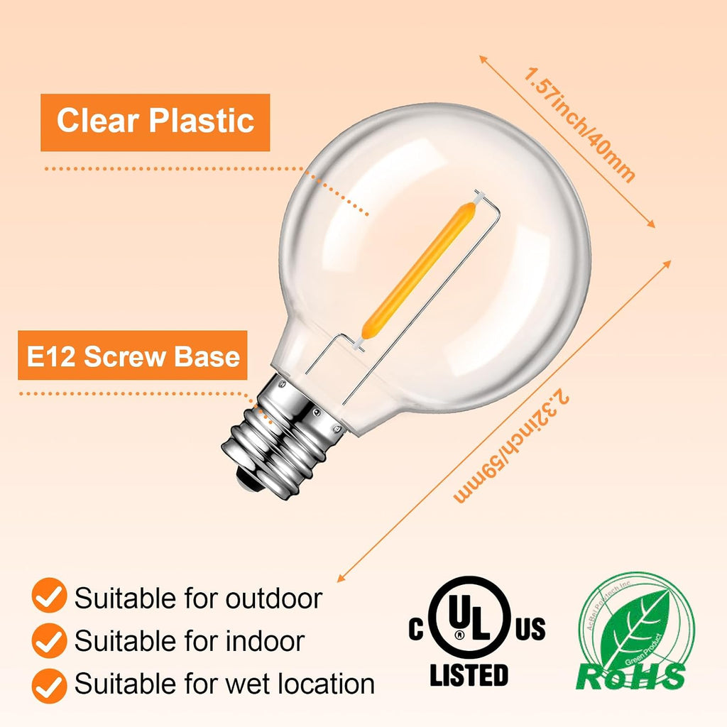 GvvooHome 25 Pack G40 LED Outdoor String Light Replacement Bulb, Warm White