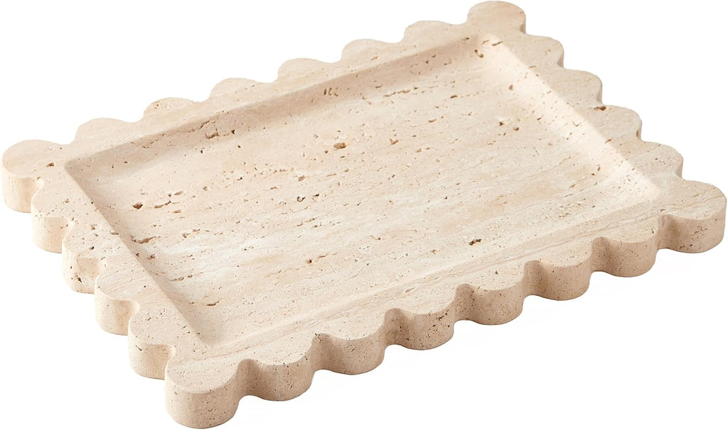 Denique Natural Travertine Tray with Scalloped Edge, 10.8x8 Rectangle Vanity Tray for Bathroom Kitchen Countertop, Beige Decorative Stone Storage Tray for Dresser Home Decor