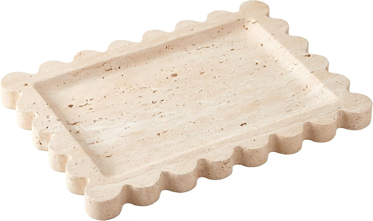 Denique Natural Travertine Tray with Scalloped Edge, 10.8x8 Rectangle Vanity Tray for Bathroom Kitchen Countertop, Beige Decorative Stone Storage Tray for Dresser Home Decor