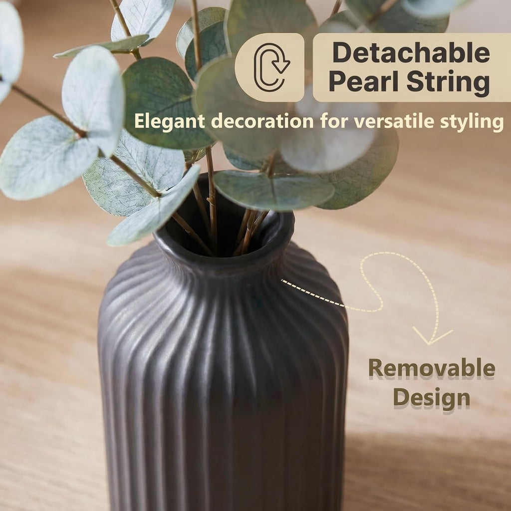 Artificial Eucalyptus Stems in Vase, Faux Plants with Frosted Ceramic Vase, Nordic Style Fake Green Plants with Bottle Set for Home Decor Indoor Centerpiece (Green Eucalyptus with Black Vase)