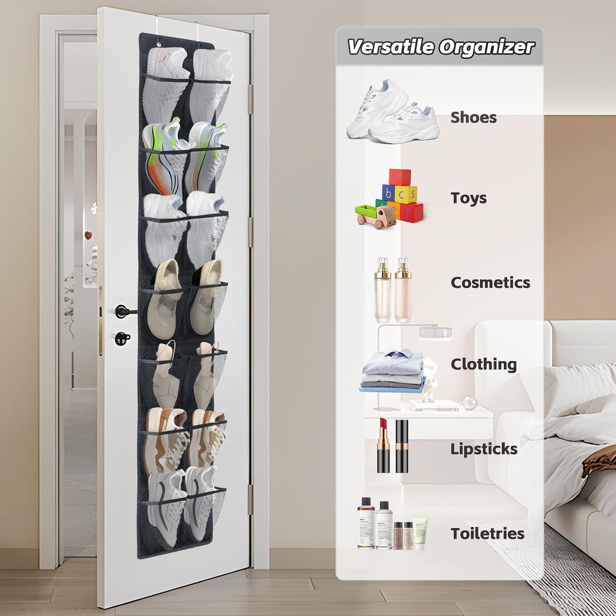 PVWSG Over The Door Shoe Organizer, 14 Large Mesh Pockets Hanging Shoe Rack for Closet Organizers and Storage, 2-pack (black)