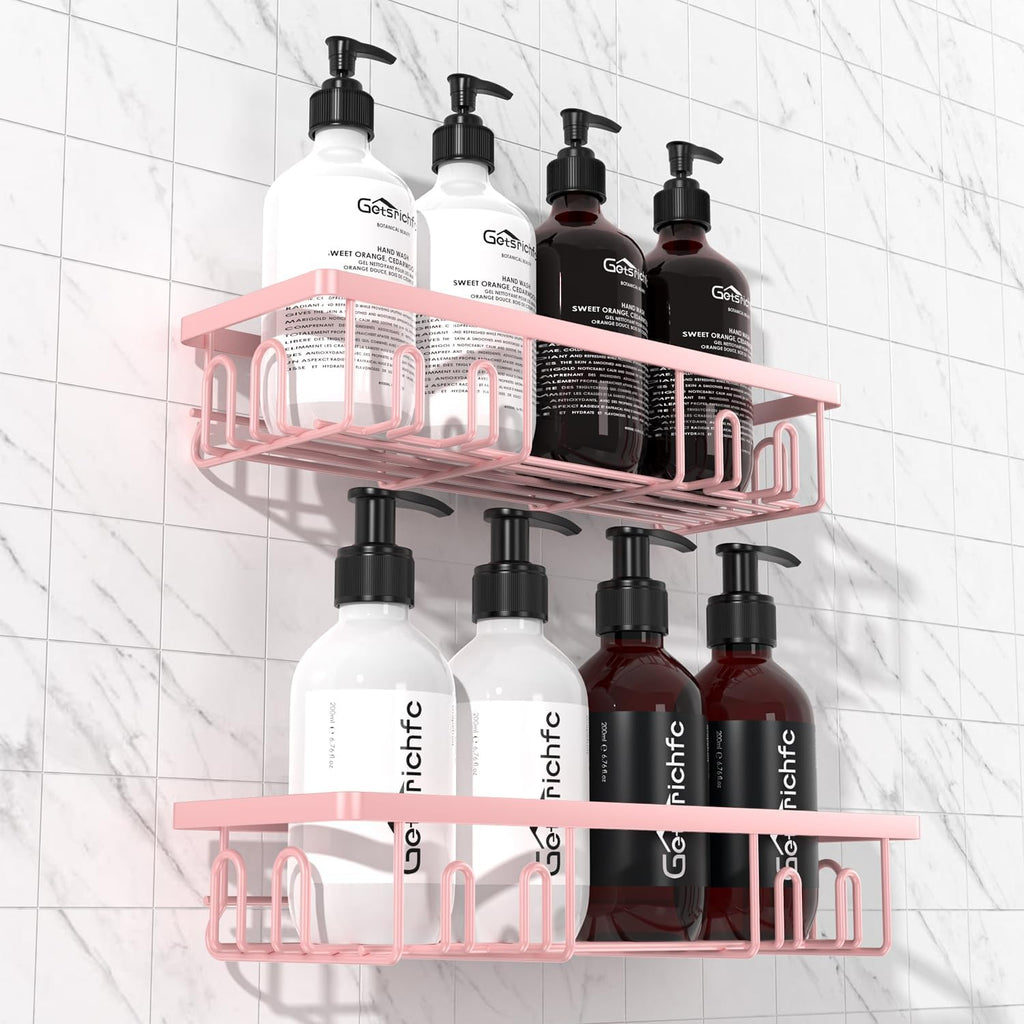Getsrichfc Shower Caddy Adhesive, Rustproof Shower Shelves for Inside Shower, Large Capacity Bathroom Organizers and Storage, Shower Storage with Removable Hooks, No Drill Bathroom Accessories Pink