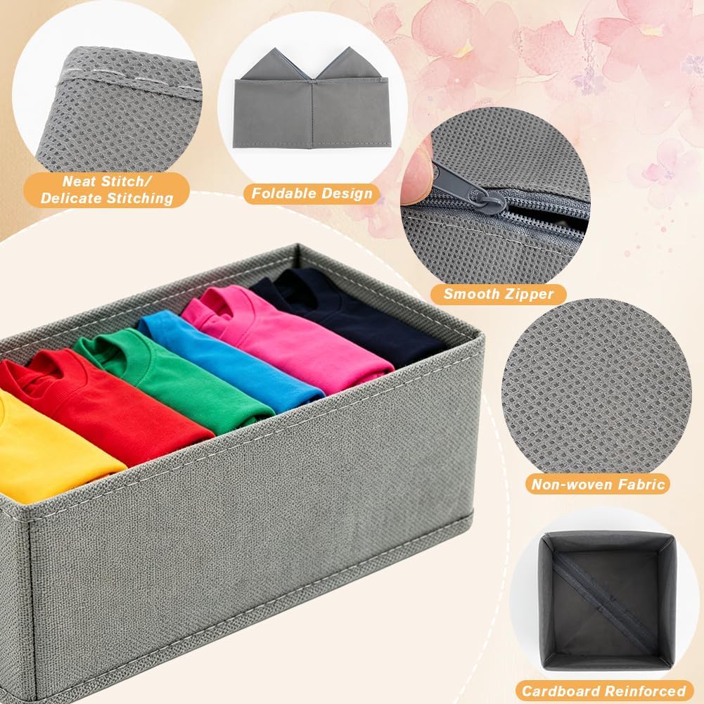 Foldable Underwear Drawer Organizer, 6 Pack Fabric Storage Bins with Zipper Bottom, Bra Drawer Organizer & Sock Organizer for Dresser, Foldable Clothes Organizer Set, Grey