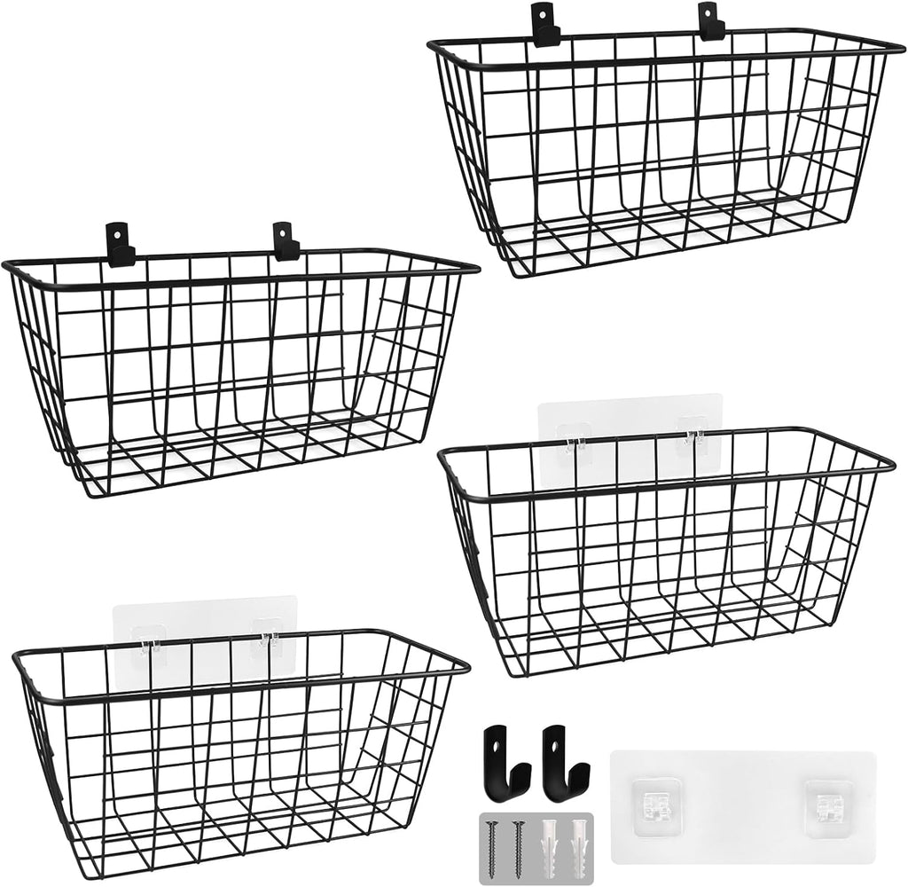Wire Hanging Wall Basket, 4 Black Metal Baskets, Adhesive Cabinet Organizer