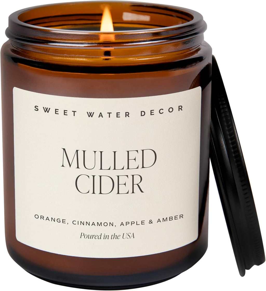 Sweet Water Decor Mulled Cider Candle, 9oz Amber Glass Jar, Fall Winter