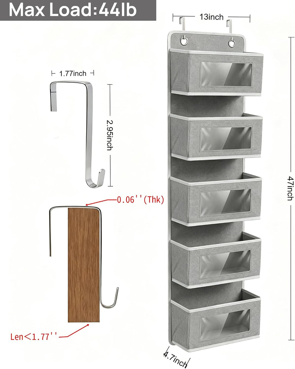 Over Door Organizer 5-Tier, Clear Window Hanging Shelf for Closet, Grey