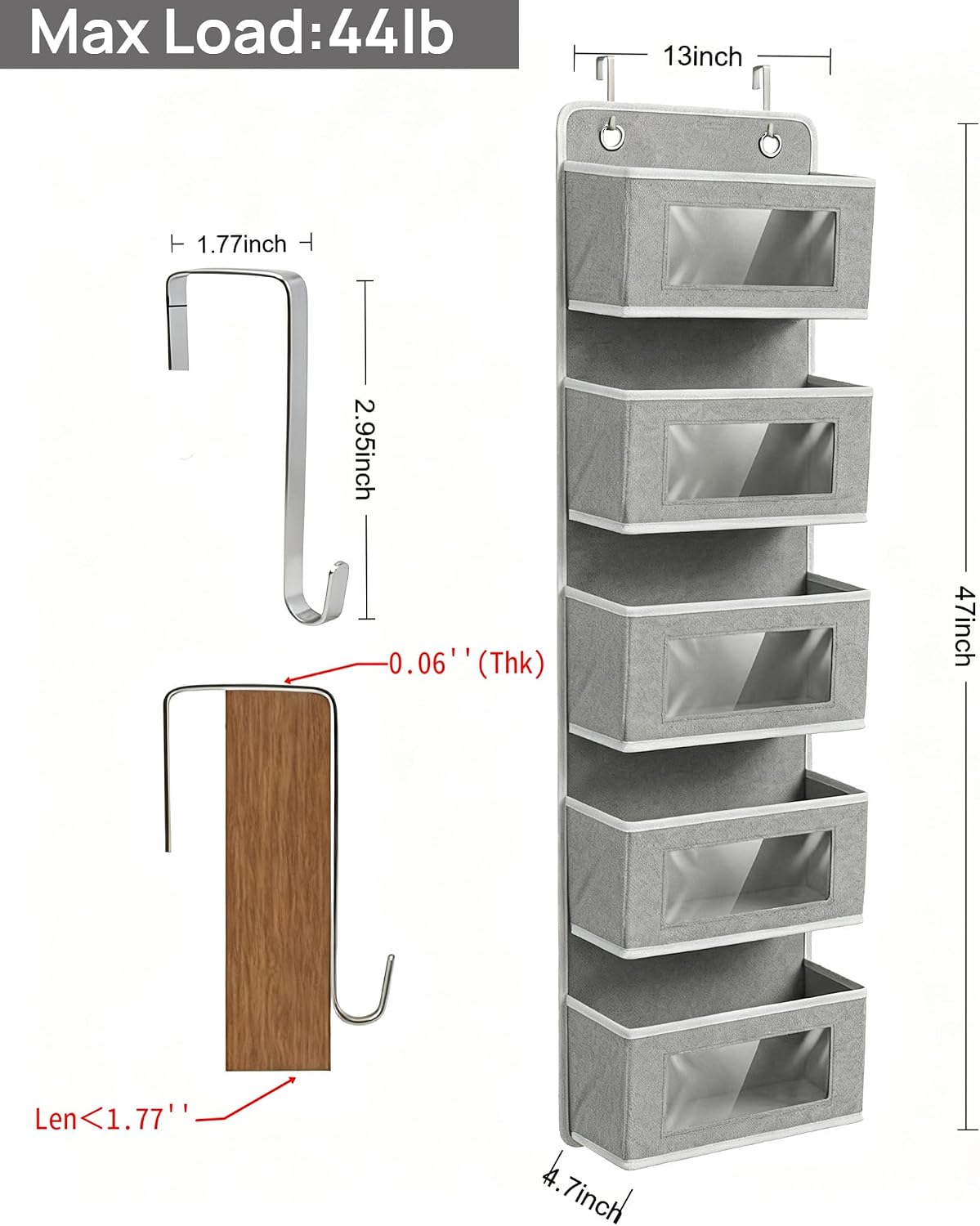 Over Door Organizer 5-Tier, Clear Window Hanging Shelf for Closet, Grey