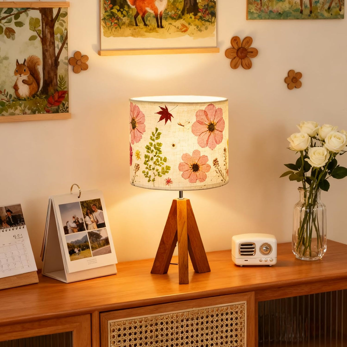 Dried Flowers Tripod Table Lamp 14.96in, 9W LED 3-Color Cute Bedside Lamp with Flowers Linen Lampshade for Nursery, Bedroom, Kid Room, Living Room, Light Brown Wooden Base