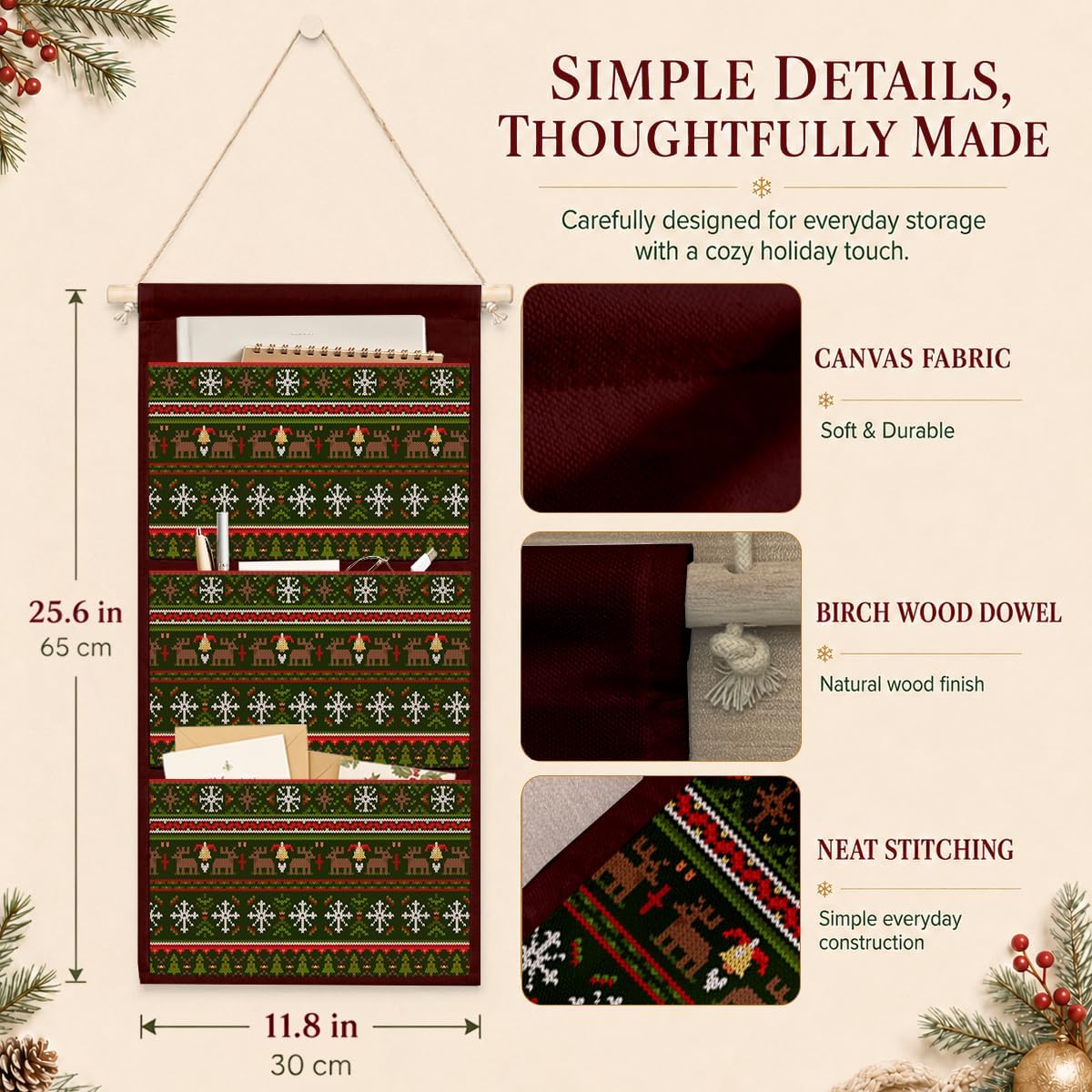 IAXIC Christmas Decor Knitted Reindeer Canvas Wall Art Hanging Organizer