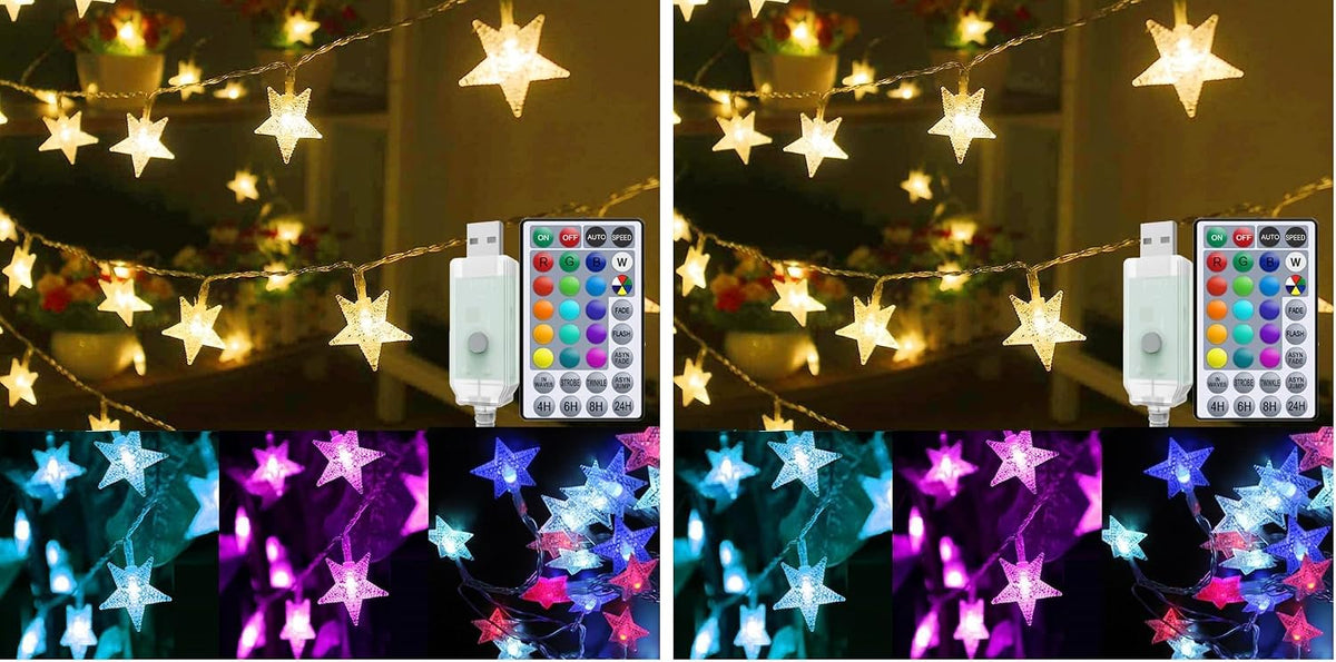 Solhice 40ft Color Changing Star String Lights 120 LEDs, 4th of July Decor Twinkle Lights USB Powered for Kids Bedroom Indoor, Hanging Lights with Remote for Outdoor (Pack of 2)