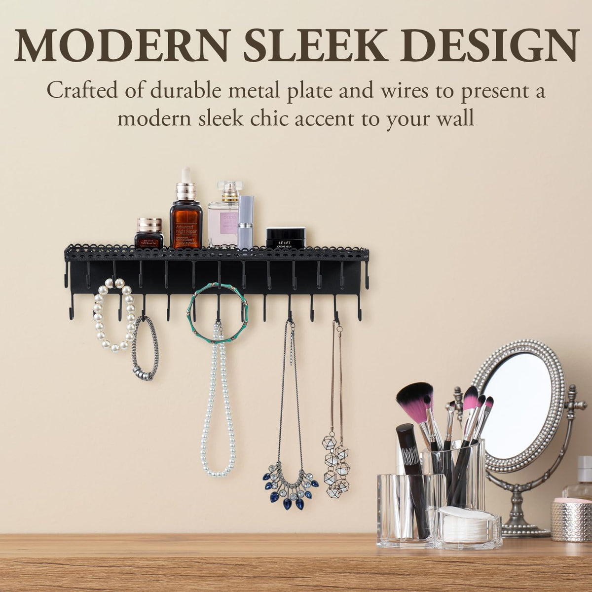 MyGift 15 Inch Wall Mounted Jewelry Organizer with 26 Hooks & Top Shelf