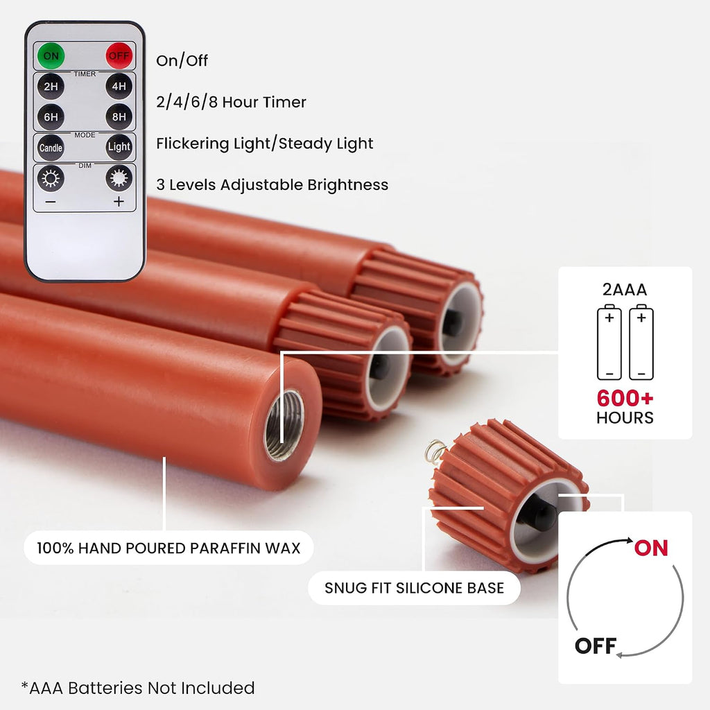 Fall Taper Candles Flameless Burnt Orange Candle Sticks, Terracotta, 3 Pack