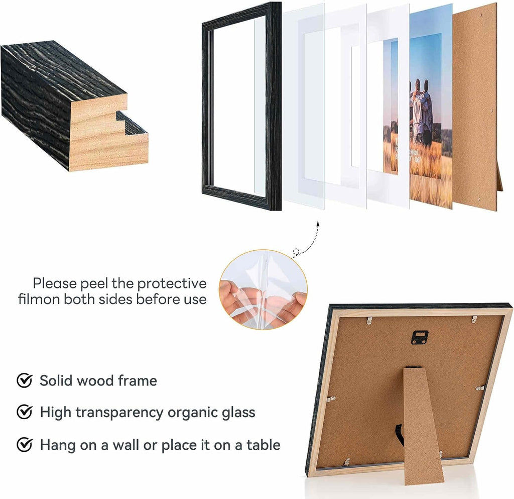 12x12 Frame,Solid Wood,Display Pictures 8x8,10x10 with Mat or 12x12 Without Mat,Square Picture Frame for Wall Mounting or Tabletop (Black,Single)