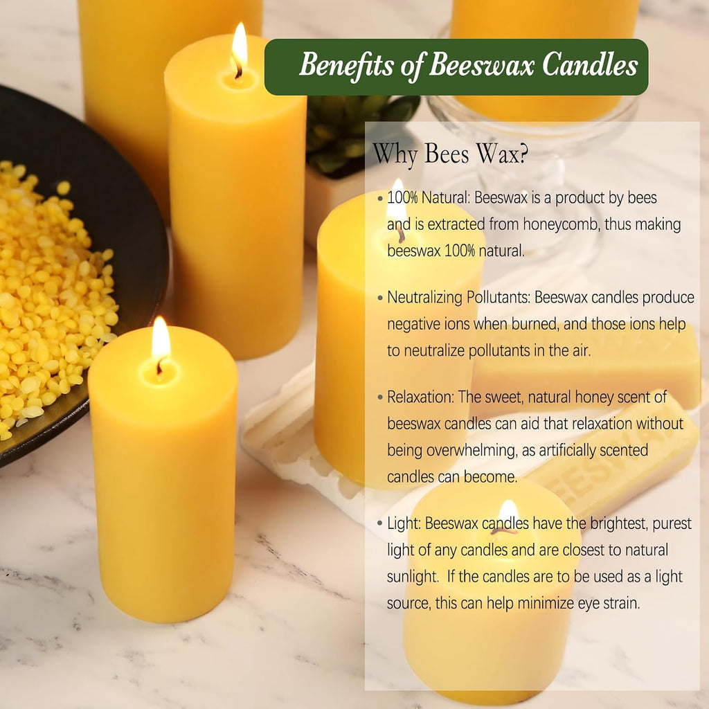 Beeswax Candles Set of 6, Non Toxic Natural Pillar Candle Bulk