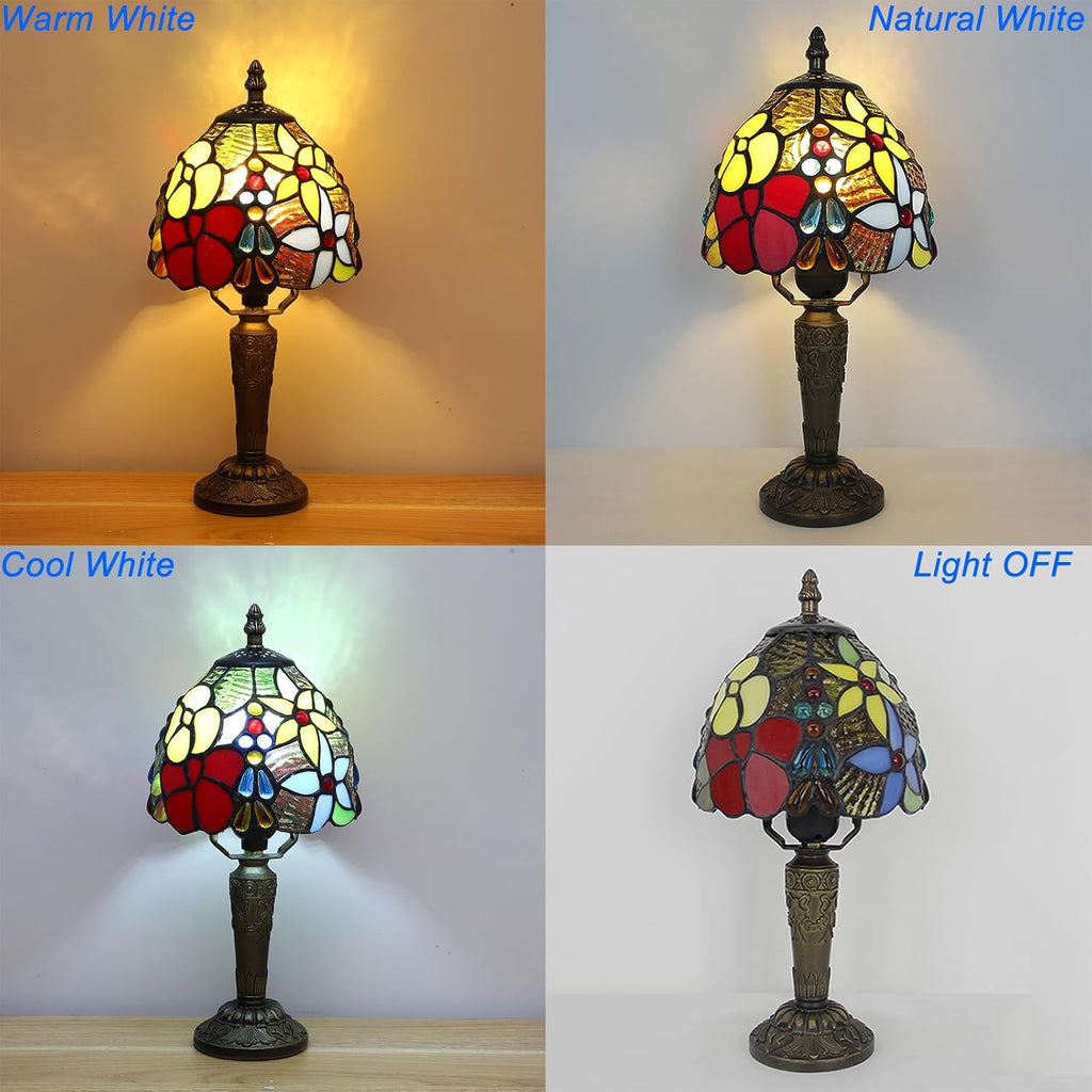 Tiffany Style Small Table Lamp,Rose Flower Stained Glass 3 Color Temperature Antique Table Lamps,Bedside Nightstand Lamp for Bedroom,Living Room,Home Office+LED Bulb,6X6X12.5Inch