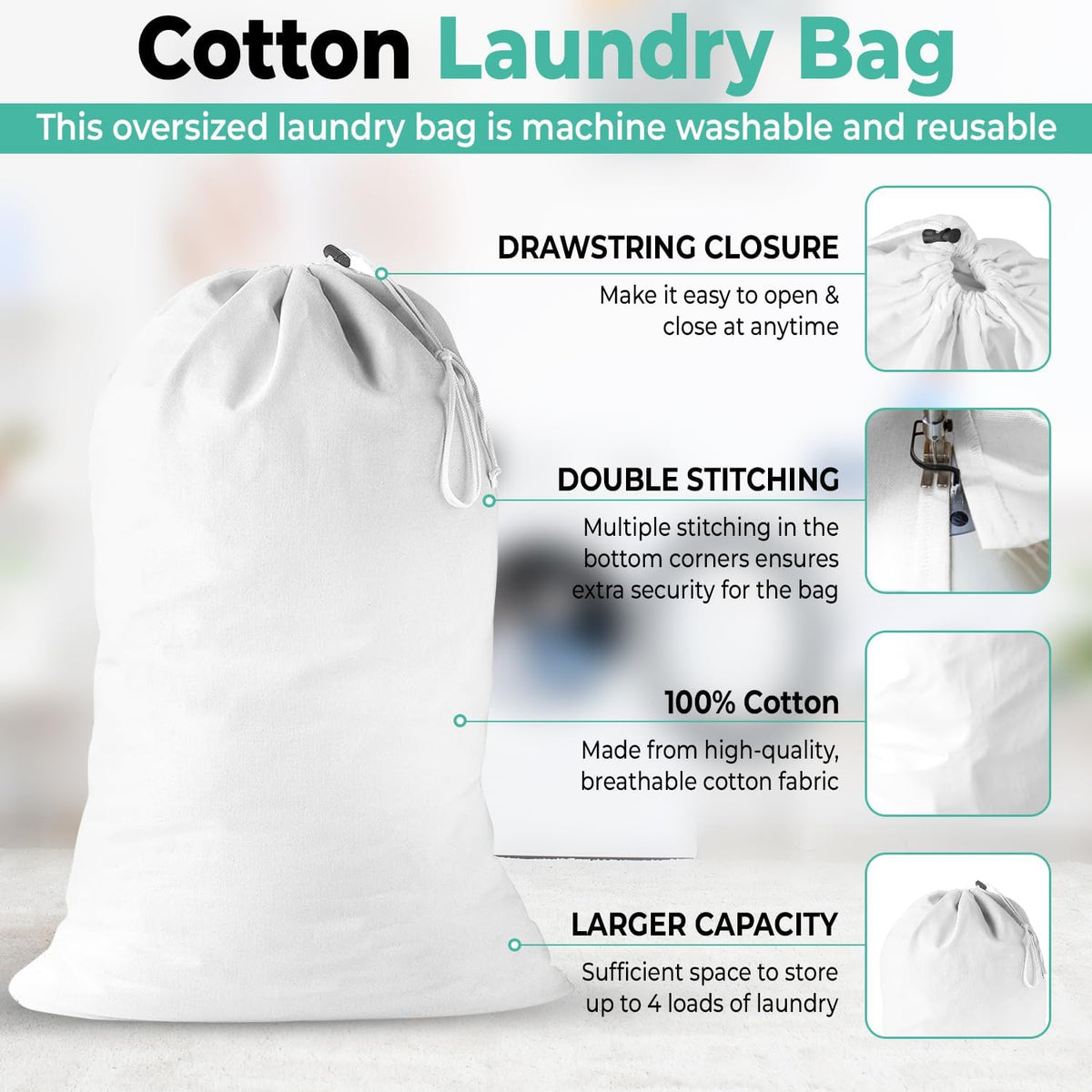 2 Pack - Cotton Laundry Bag, Heavy Duty Large Laundry Bags 24 x 36 inch Drawstring Travel Organizer Bag Fit Hamper Basket Camp (WHITE, Pack of 2)