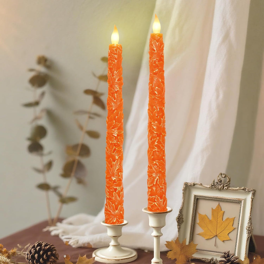 Impress Life Fall Flameless Taper Candles, Carved Maple Leaf Real Wax