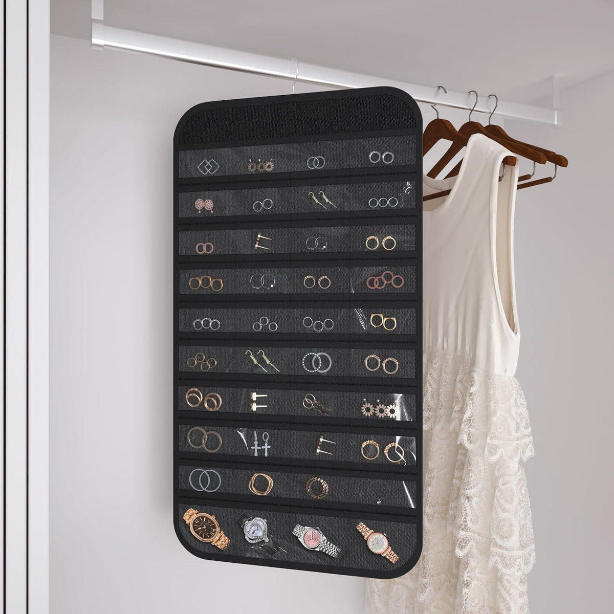 Double-Sided Hanging Jewelry Organizer for Necklaces Earrings, 2-Pack Black