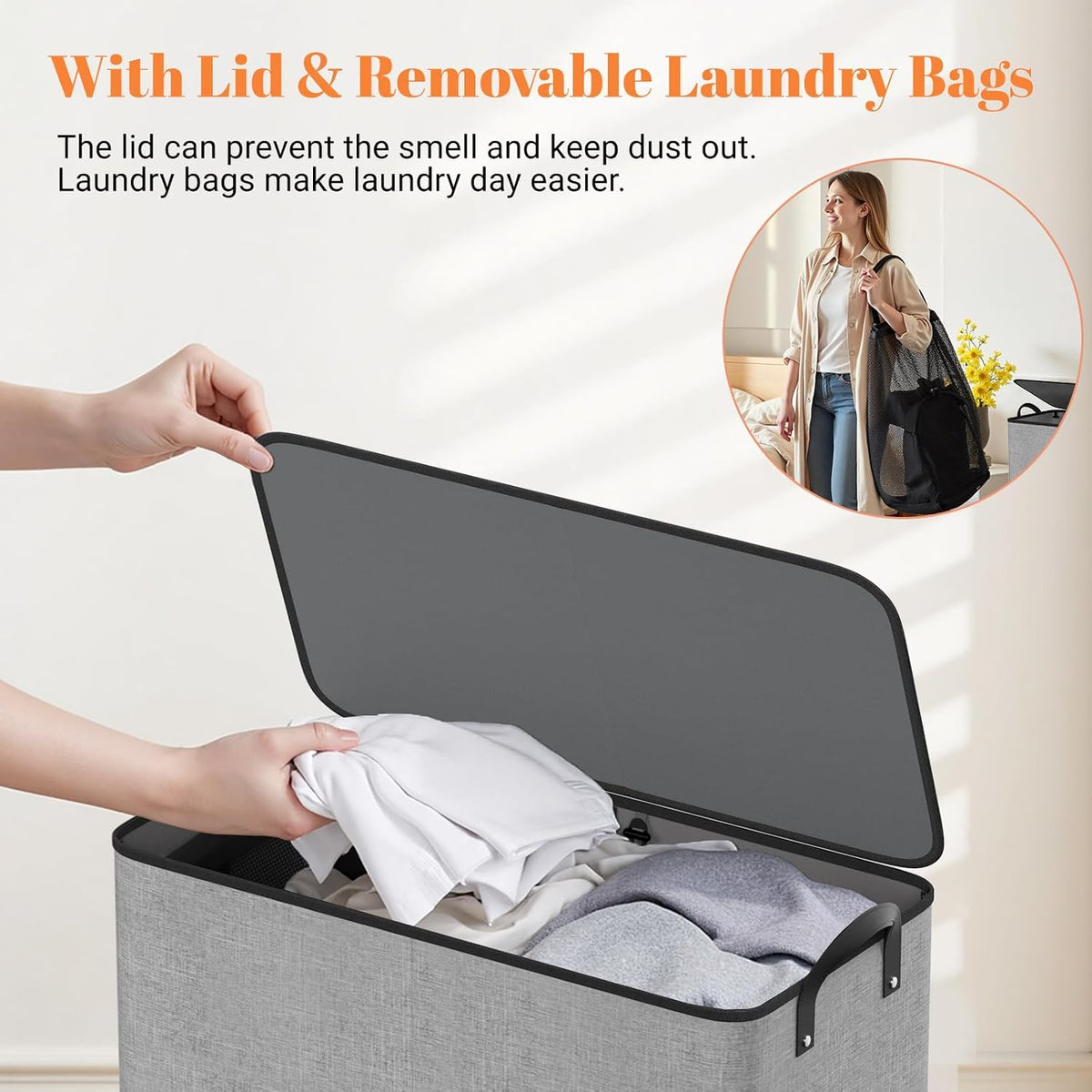 155L 2 Section Laundry Hamper with Lid, Laundry Basket, Gray