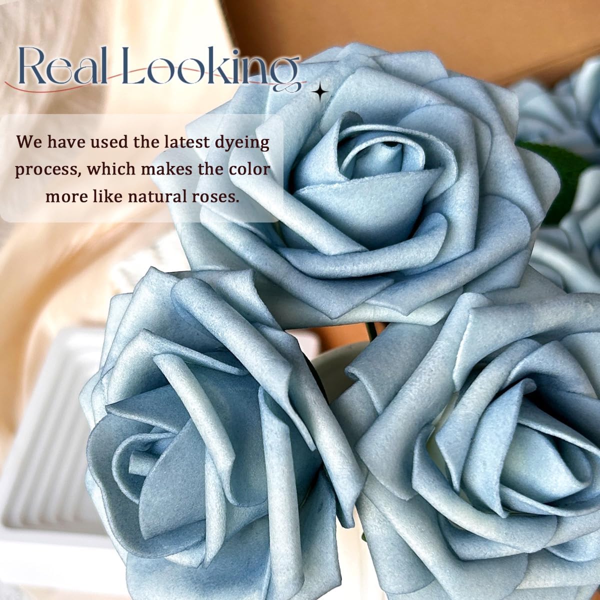 50pcs Artificial Flowers Light Blue Foam Fake Rose with Stems 12 Leaves Real Looking Faux Roses for Wedding Bouquets Bridal Shower Centerpieces Arrangements Party Tables Decorations DIY Dusty blue