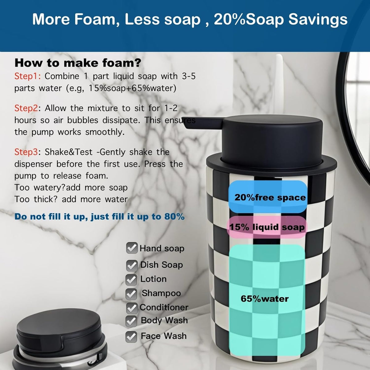Foaming Soap Dispenser, Foam Hand Soap Dispenser for Bathroom Countertop, Modern Black and White Foamy Hand Soap Refills Bottle for Kitchen,Bathroom-Checkered Bathroom Decor