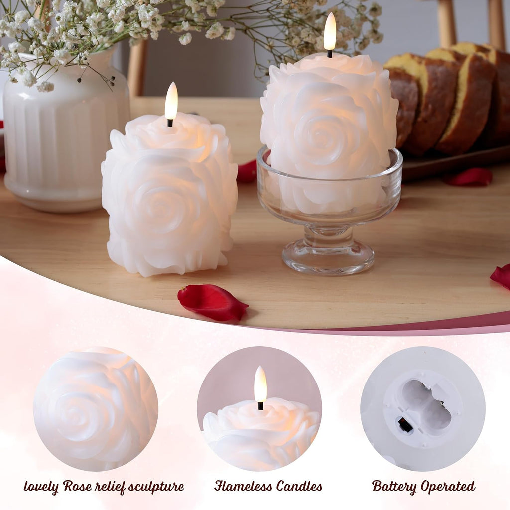JOIONE Valentines Day White Rose Flameless LED Candles with Remote, 2 Pack