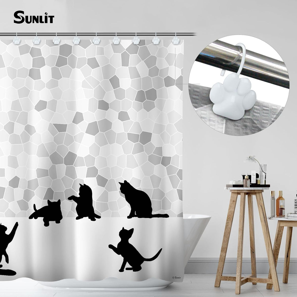 Sunlit Fashion Design Cute Paw Print Polished Shower Curtain Hooks for Dog Cat and Bear, Rust Proof Oil Rubbed Metal Shower Curtain Rings, White, 12 Pack