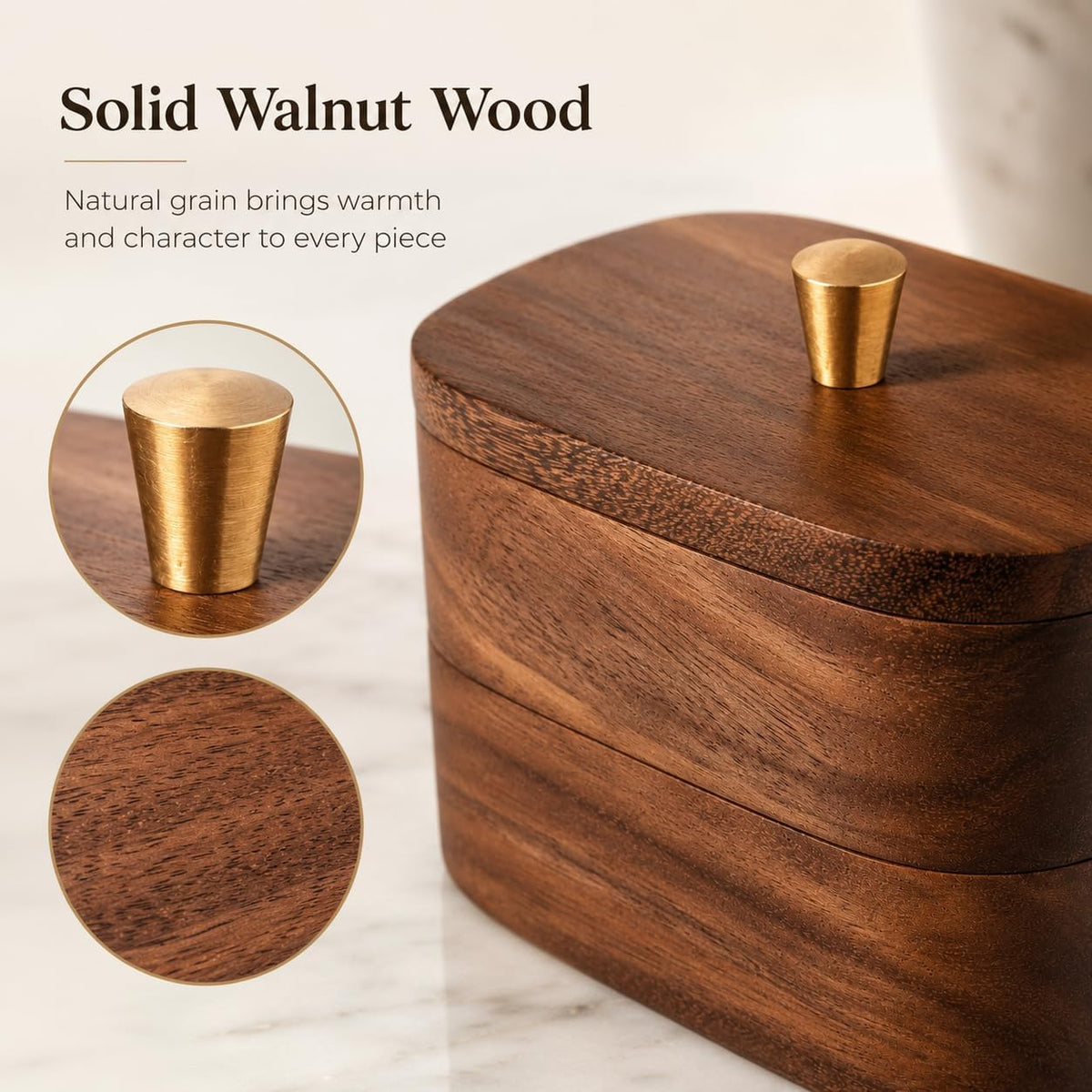 Solid Walnut Bathroom Canister, Cotton Swab and Floss Pick Holder