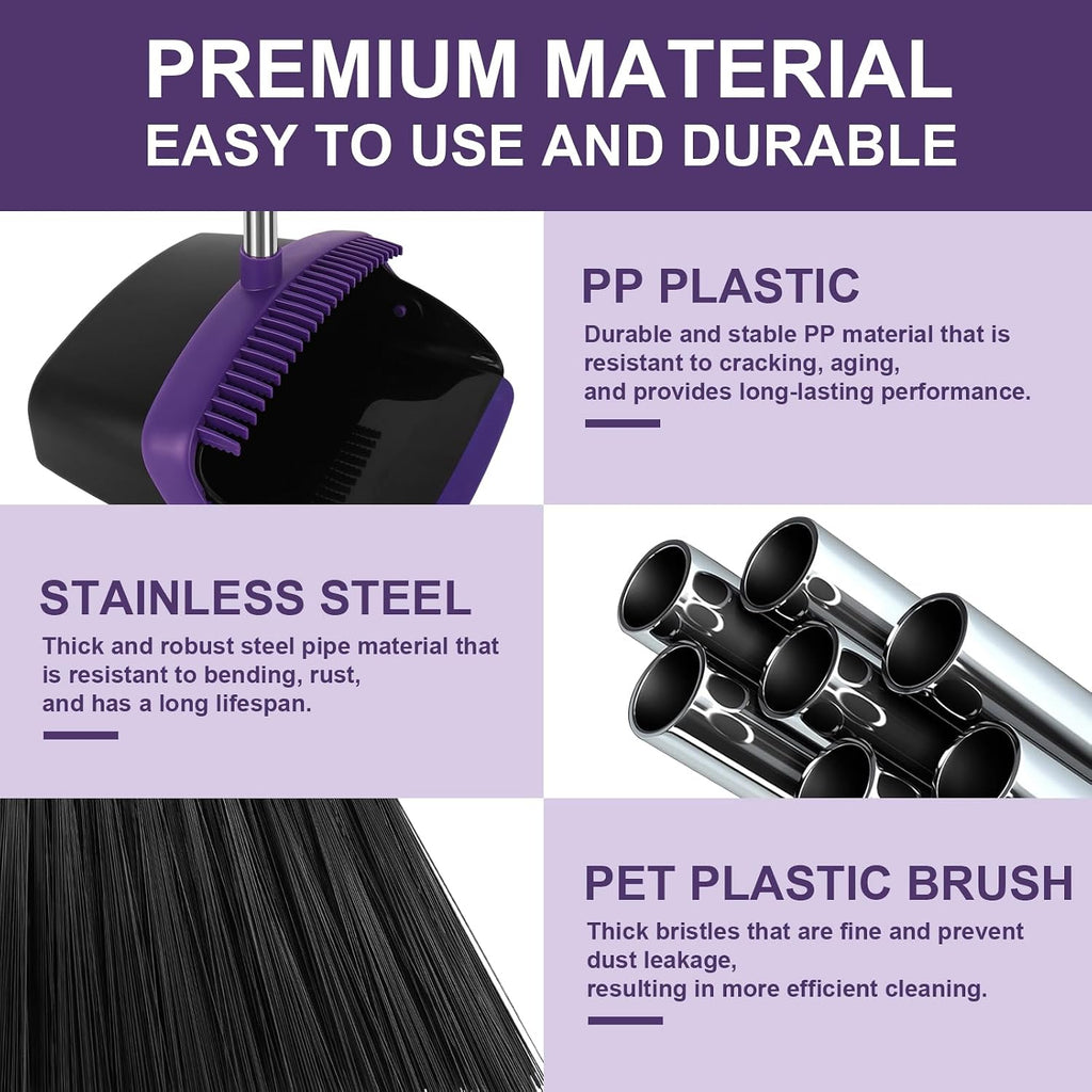 Broom and Dustpan Set with Long Handle, 55" Broom, Pet Hair Rubber Lip Upright Dustpan with Built-in Comb, Standing Dust Pan Set for Home Kitchen Office Indoor Outdoor