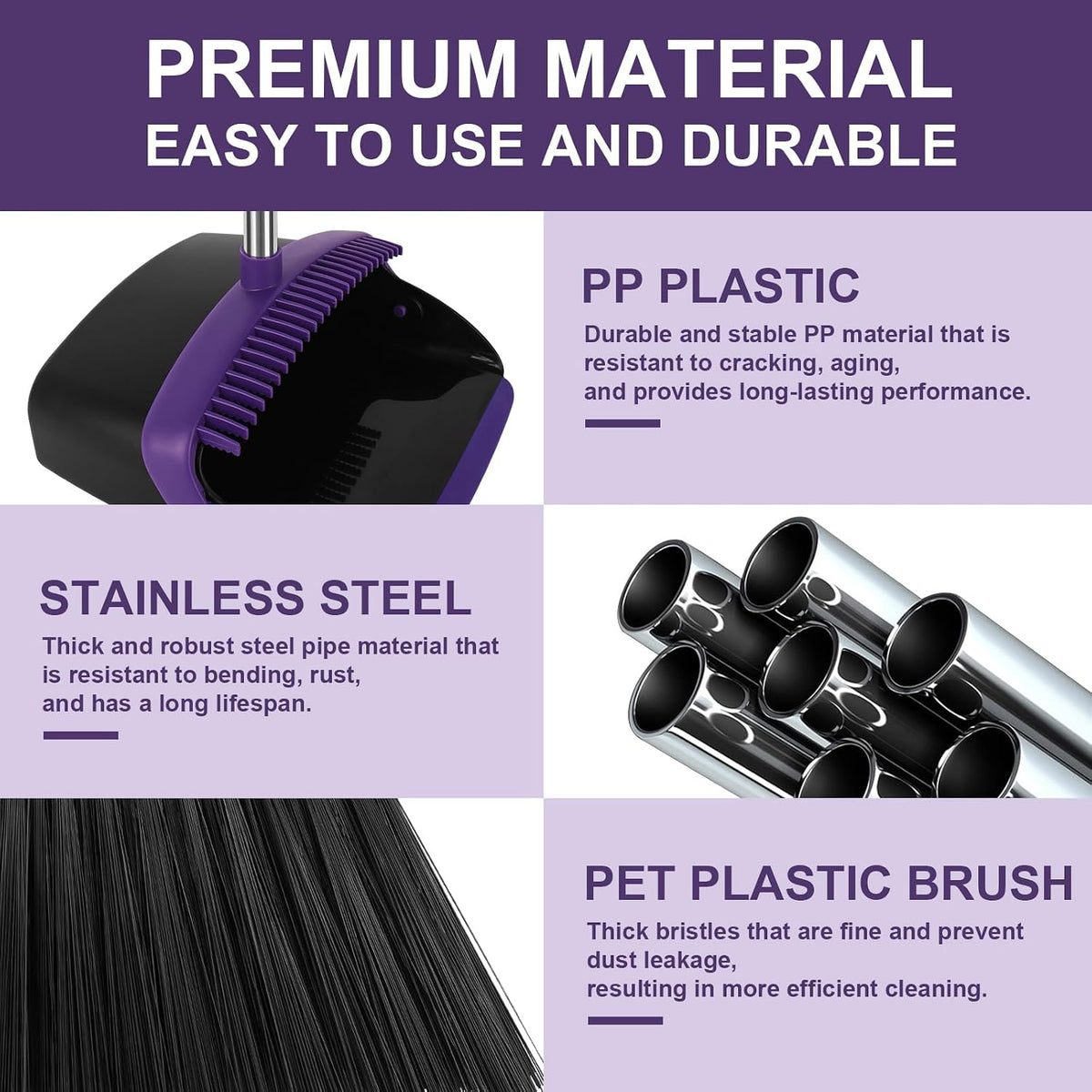 Broom and Dustpan Set with Long Handle, 55" Broom, Pet Hair Rubber Lip Upright Dustpan with Built-in Comb, Standing Dust Pan Set for Home Kitchen Office Indoor Outdoor