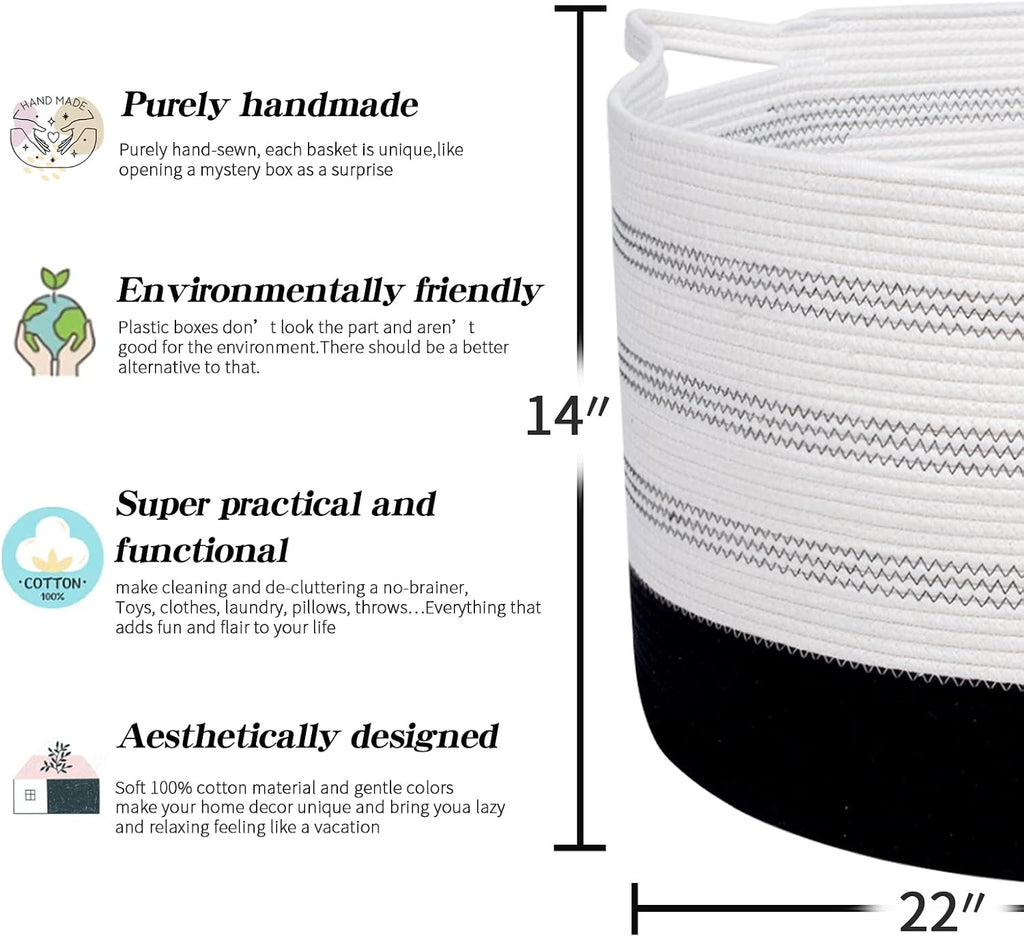 R RUNKA XXXLarge Cotton Rope Basket 22" X 22"X 14" Blanket Basket for Living Room Woven Basket Soft Baby Laundry Blanket Basket Nursery Bin Toy Basket with Handle White+Black