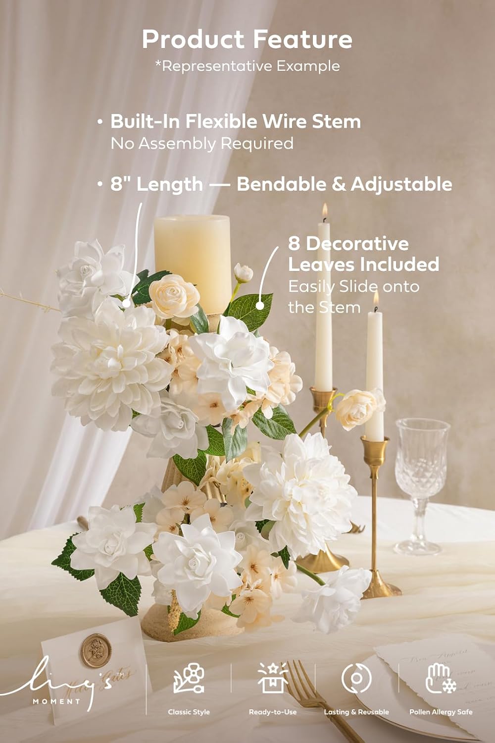 Ling's moment White Artificial Gardenia Flowers with Stems, 25 pcs