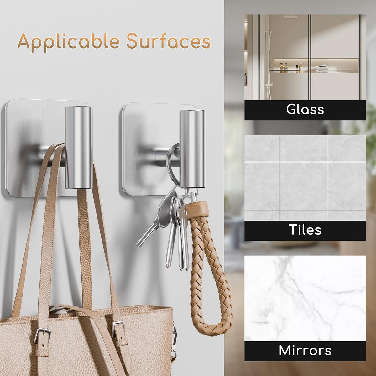 Aikzik 4 Pack Large Heavy Duty Wall Hooks - 26lb Max, Stainless Steel Adhesive Towel Hook, Shower Hooks for Hanging Towel, Coat, Robe, Wall Hook for Use in Bathroom, Kitchen and Door