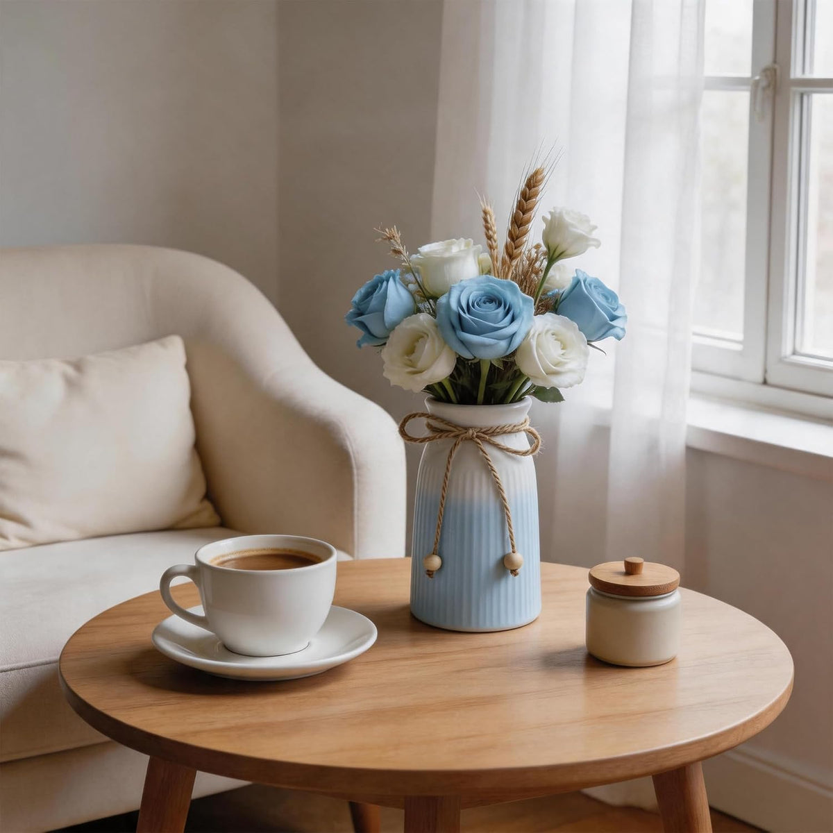 Small Ceramic Vase for Home Decor, 6" Farmhouse Ribbed Vase with Twine Bow, Blue Decorative Flower Vase for Pampas Grass, Rustic Boho Vase for Table, Shelf, Living Room, Office
