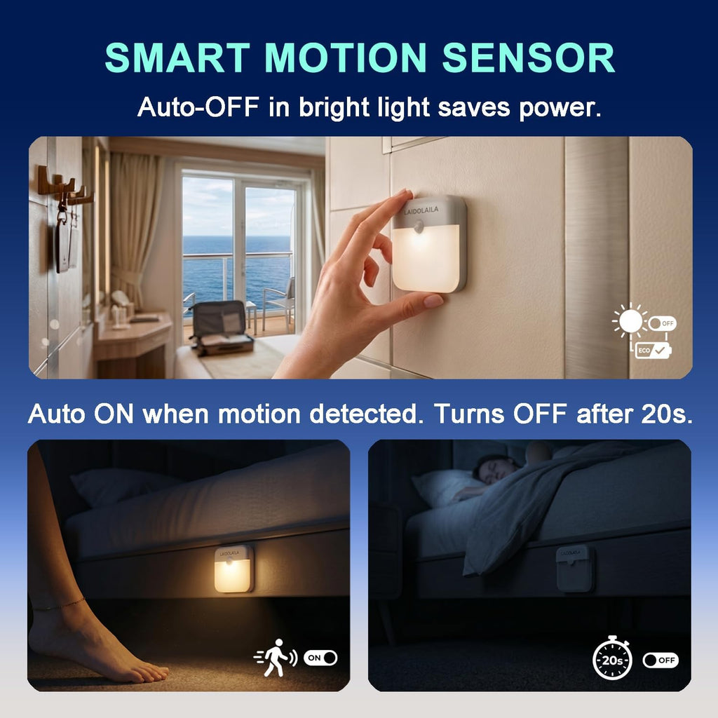 4 Pcs Magetic Night Light Motion Sensor Cruise Ship Approved with USB Cable LED Rechargeable Battery for Indoor Use in Bathroom Hallway Cabin Toilet Bed Stair Automatic Motion for Travel