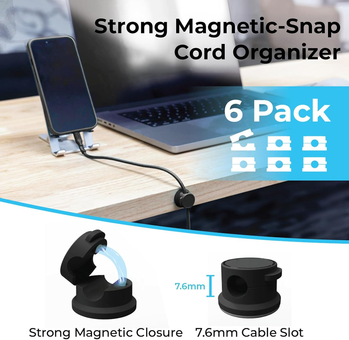 Travel Depot Cable Management Magnetic Snap Organizer 6-Pack, Black & White