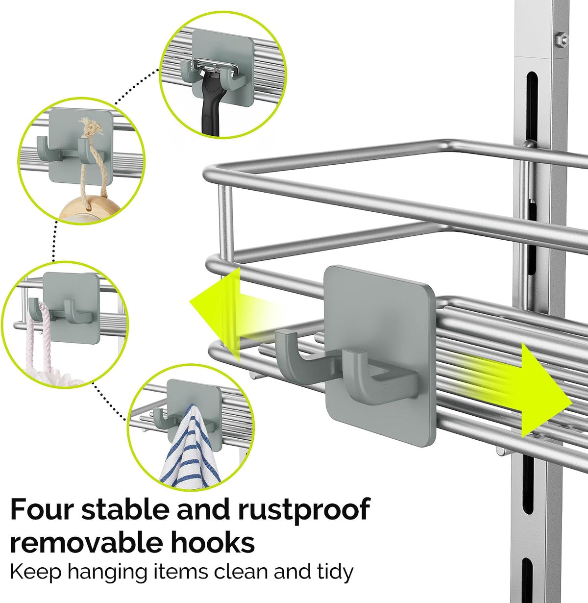 Orimade Over The Door Shower Caddy Adjustable 3 Tier Silver,Bathroom Hanging Organizer Shelf Rustproof with 4 Hooks,Shower Basket with Soap Holder and Suction Cup