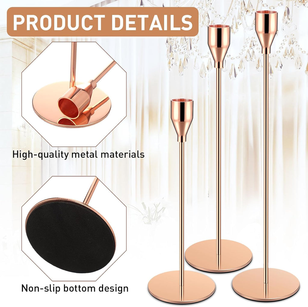 18 Pcs Rose Gold Tall Taper Candle Holders, 3 Sizes, Fits 3/4" Candles