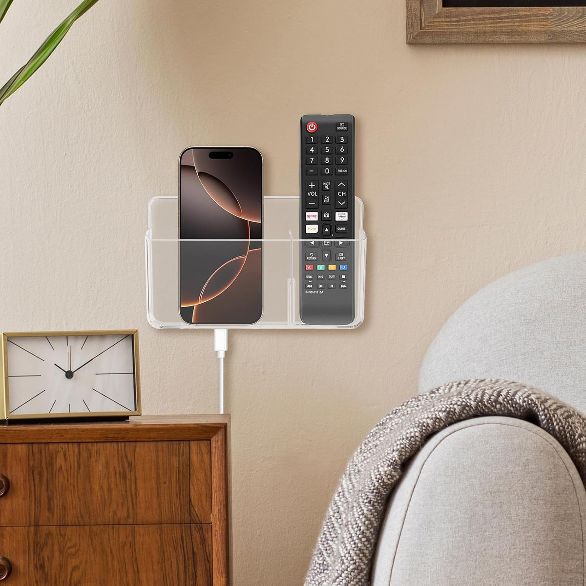3 Slot Adjustable Remote Control Holder Wall Mount, TV Remote Box Hollow Bottom Slot Easy Phone Charging, Self Adhesive Remote Holder,Wall Pen Holder Storage for Home Office School (Clear)