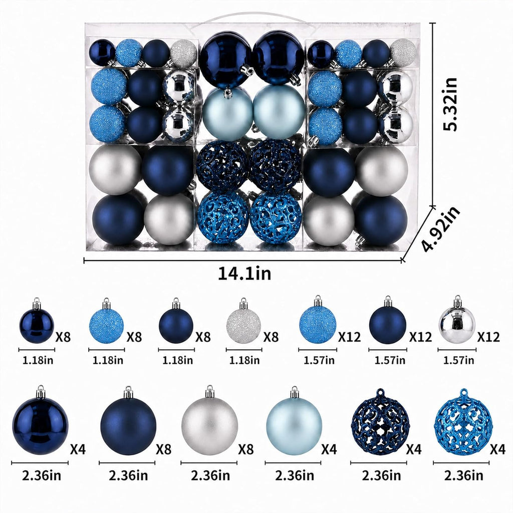 Christmas Balls Tree Ornaments Set, Shatterproof Xmas Decorations Set with Reusable Hand-held Gift Package for Holiday Indoor Tree Decor (100, Dark Blue, Sky Blue & Silver)