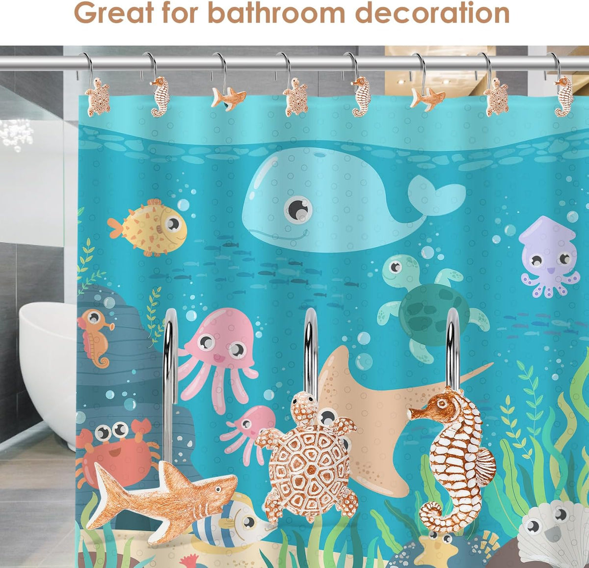 Seashell Shower Curtain Hooks, 12Pcs Decorative Anti-Rust Shower Hooks, Coastal Style Curtain Hooks for Bathroom Nursery Bedroom Living Room Decoration (Turtle Starfish Shark)