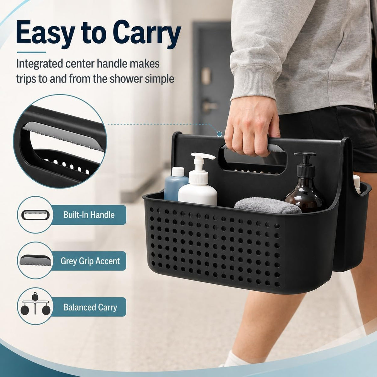 NINU Black Portable Shower Caddy Basket, 2-Compartment Storage Organizer