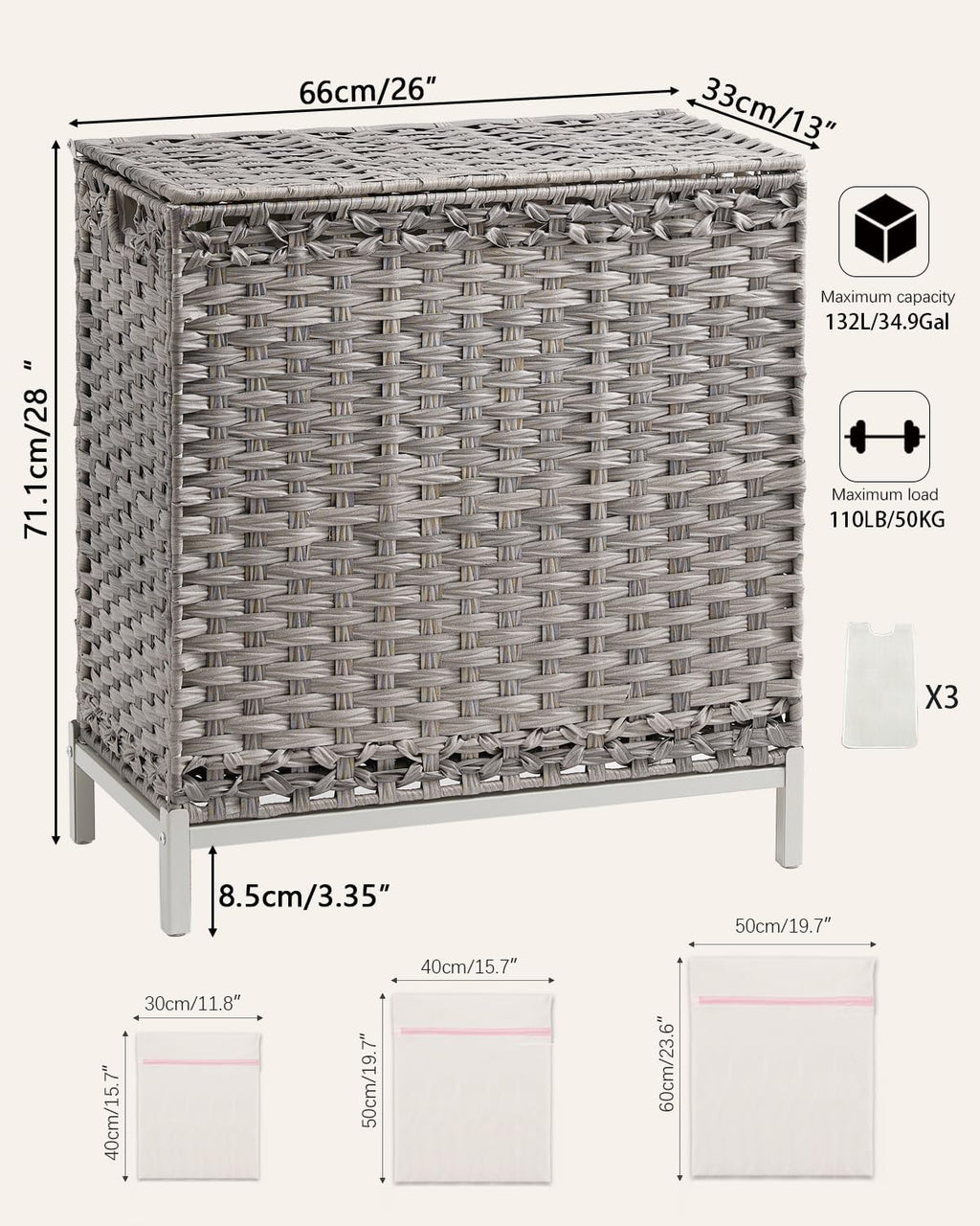 SETVSON Laundry Hamper with Lid, 35 Gal 3-Bag Clothes Sorter, Gray