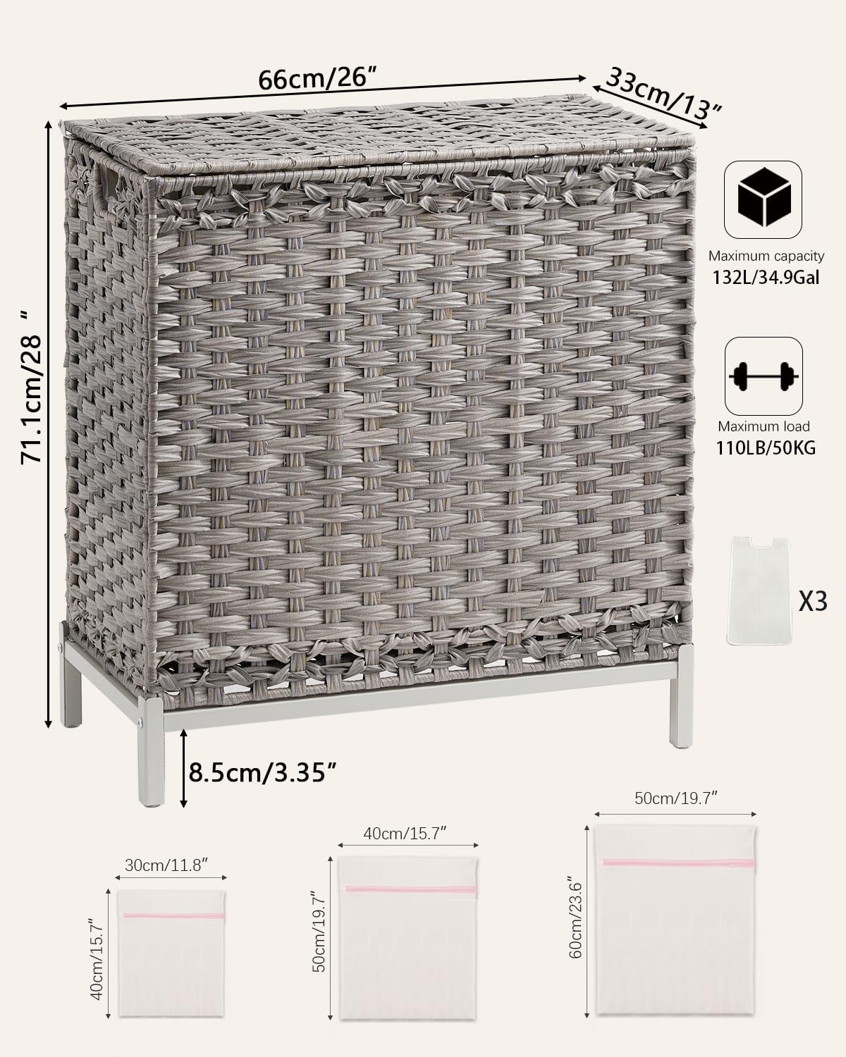 SETVSON Laundry Hamper with Lid, 35 Gal 3-Bag Clothes Sorter, Gray